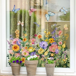 Adesivi per finestre con fiori e farfalle ad acquerello per decorazioni domestiche vivaci