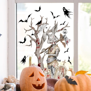 Halloween static window clings set with spooky rabbit, bats and bloody RIP tombstone
