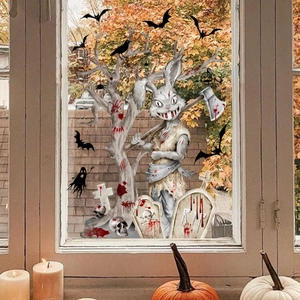Halloween window stickers featuring creepy bunny, bats, and ghost for spooky glass decor