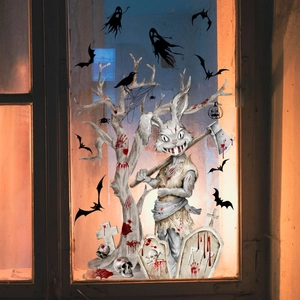 Halloween window stickers featuring creepy rabbit, skeleton, and bats for glass decor