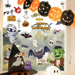Detailed view of Halloween static window clings featuring cartoon ghost and mummy characters