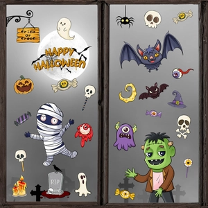 Halloween window static stickers with cartoon ghosts, pumpkins and bats for glass decor