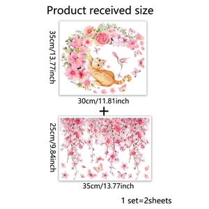 Dimensions détaillées des stickers muraux chat et fleurs roses en lot de 2 feuilles