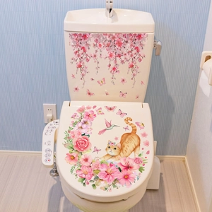 Autocollants de toilette chat et fleurs roses avec pétales de cerisier et papillons