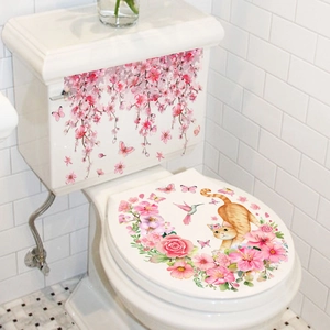 Stickers WC chat et fleurs roses avec cerisiers et papillons sur carrelage blanc
