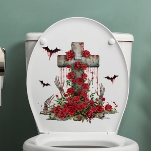 Detail of gothic Halloween toilet sticker with red roses, skull hand, and bats