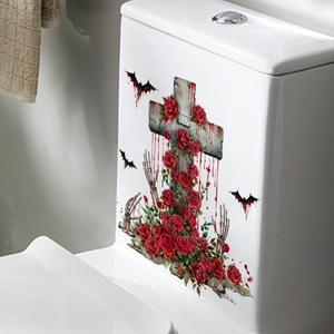 Gothic Halloween toilet sticker featuring a red rose cross, bats, and skeleton hand