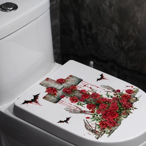Halloween toilet seat decal with gothic red roses, RIP cross, bats and blood stains