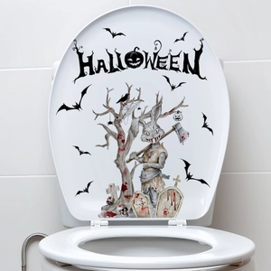 Halloween toilet seat decal featuring spooky bunny, bats and gothic tree decorations