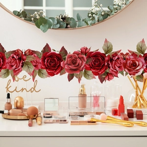 Creative red rose floral wall stickers for home decor on mirrors and baseboards