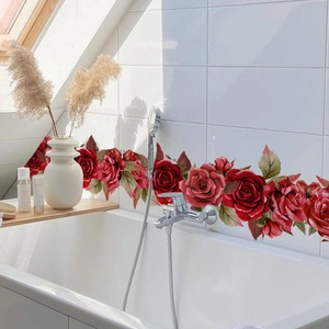 Modern red rose floral wall stickers strip for bathroom tiles and home mirrors