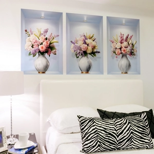 3D floral wall decals with pink roses in marble vases for modern bedroom decoration