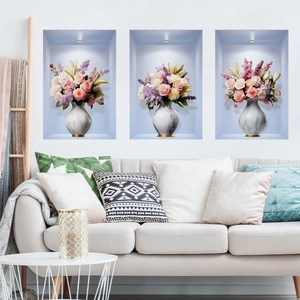 3D triptych wall sticker with pink roses and lilies in white marble vases for living room