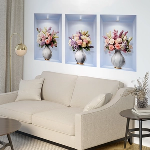 3D floral wall stickers set with pink roses and lilies in marble vases for living room