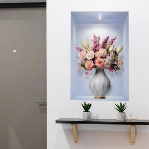 Detail of 3D effect wall sticker featuring a marble vase with roses and lilies