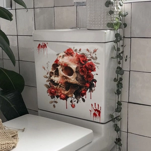 Gothic rose and skull toilet sticker decoration for Halloween on white ceramic background