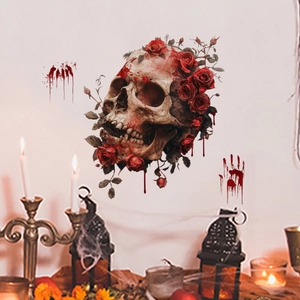 Halloween rose skull wall stickers with gothic blood handprints on dark background