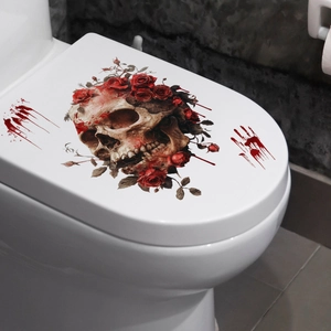 Gothic skull and red roses toilet lid sticker with bloody handprint Halloween wall decor