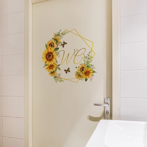 Floral sunflower door decal with golden geometric frame and WC lettering for bathroom