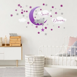 Cartoon Elephant Sleeping On Moon Wall Stickers PVC Waterproof Sweet Dreams Star Decals For Nursery Kids Bedroom Decor