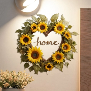 Heart-shaped sunflower wreath with wooden home sign for wall and door decoration