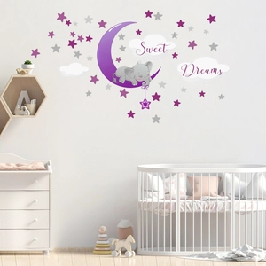 Cartoon elephant sleeping on purple moon wall decals with stars for nursery room