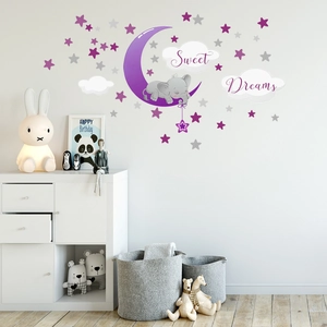 Cartoon elephant on moon wall decal with stars and Sweet Dreams cloud for nursery