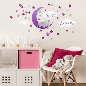 Detail of cartoon elephant sleeping on moon wall decals with Sweet Dreams cloud and stars