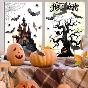 Cozy Halloween window scene with silhouettes of haunted castle, bats and spooky spider webs