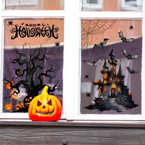 Halloween window stickers featuring black castle, bats, spider webs and orange pumpkins