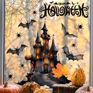 Halloween window stickers set featuring a haunted castle, bats, and Happy Halloween text