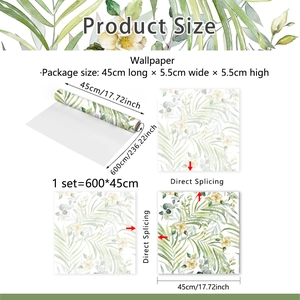 Detail of floral self-adhesive wallpaper showing roll dimensions 600cm x 45cm and pattern