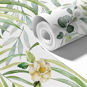 Detailed texture of pastoral floral wallpaper with green leaves and yellow blossoms