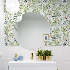 Minimalist pastoral floral wallpaper featuring yellow blossoms and green palm leaves