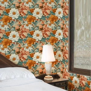 Vintage floral self-adhesive wallpaper featuring orange flowers for bedroom wall decor