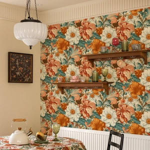 Detail of floral self-adhesive wallpaper featuring white daisies and orange vintage flowers