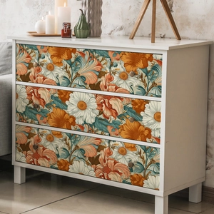 Colorful floral adhesive wallpaper for white dresser with orange dahlia and daisy patterns