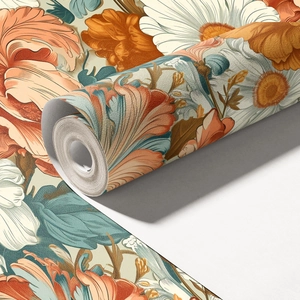Detail of vintage floral wallpaper with matte textured finish and colorful botanical pattern