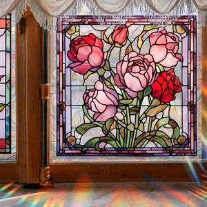 Tiffany style rose flower static window film with colorful rainbow light refraction