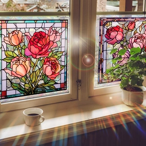 Stained Glass Window Film Static Cling Rose Flower Pattern Translucent Decorative Glass Stickers Glue Free Tiffany Style