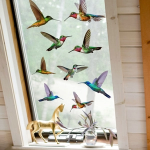 Set of 8 colorful hummingbird static window clings for decorative glass window displays