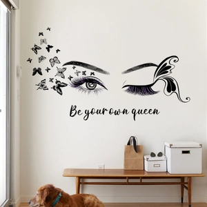 Sticker mural artistique avec œil, papillons et citation Be your own queen pour chambre