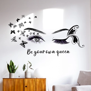 Sticker mural yeux et papillons avec citation Be your own queen pour décoration