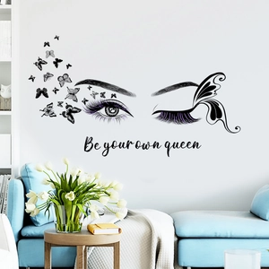 Sticker mural Be your own queen avec yeux, cils violets et papillons noirs décor