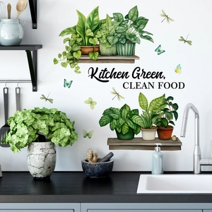Stickers muraux plantes vertes et papillons aquarelle pour cuisine avec slogan anglais