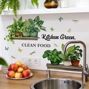 Stickers muraux Kitchen Green Clean Food avec plantes en pot et papillons déco