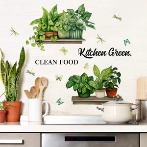 Stickers muraux cuisine avec plantes vertes à l'aquarelle et lettrage Clean Food