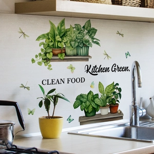 Autocollants Muraux Cuisine PVC Plantes En Pot Papillon Libellule Kitchen Green Clean Food Décor Auto-Adhésif