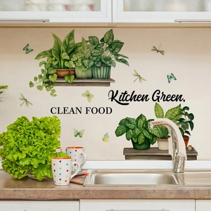 Stickers muraux cuisine auto-adhésifs avec plantes en pot et lettrage Clean Food
