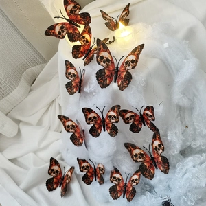 Lot de 12 autocollants muraux papillon crâne 3D pour décor de fête d'Halloween en orange et noir